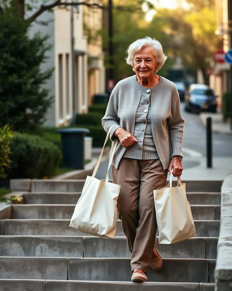 Active older woman walking down outdoor steps carrying shopping bags