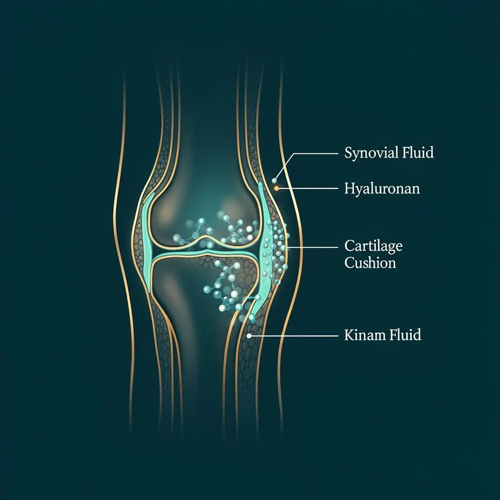 Cross-section diagram of synovial fluid and hyaluronan in a healthy joint